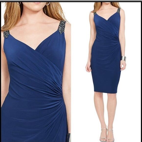 LAUREN RALPH LAUREN Size 8 Medium Navy Beaded Strap Shirred Dress Classic - Picture 1 of 8